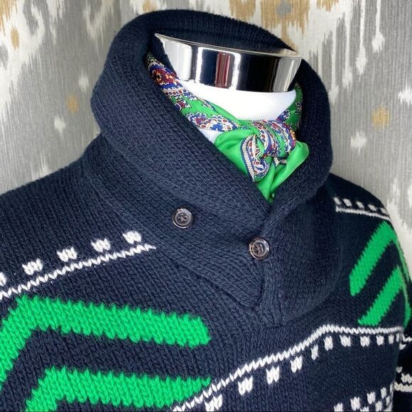 Polo Ralph Lauren Merino Wool Black & Green Multi Geometric Shawl Collar Sweater - Picture 16 of 16